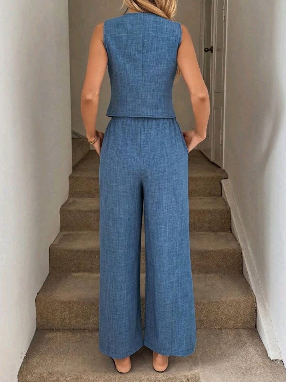 Sleeveless Button-Front Wide-Leg 2 Piece Set in Blue - Picture 2 of 3